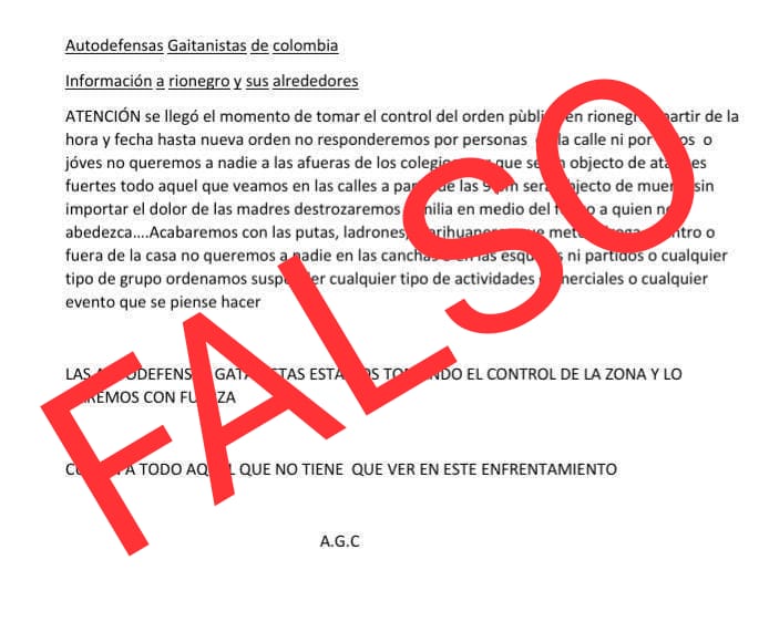 Panfleto intimidatorio que circula en Rionegro es falso.