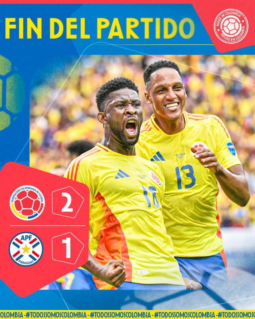 Selección Colombia celebra tras victoria 2-1 sobre Paraguay en la Copa América en Houston, Texas.