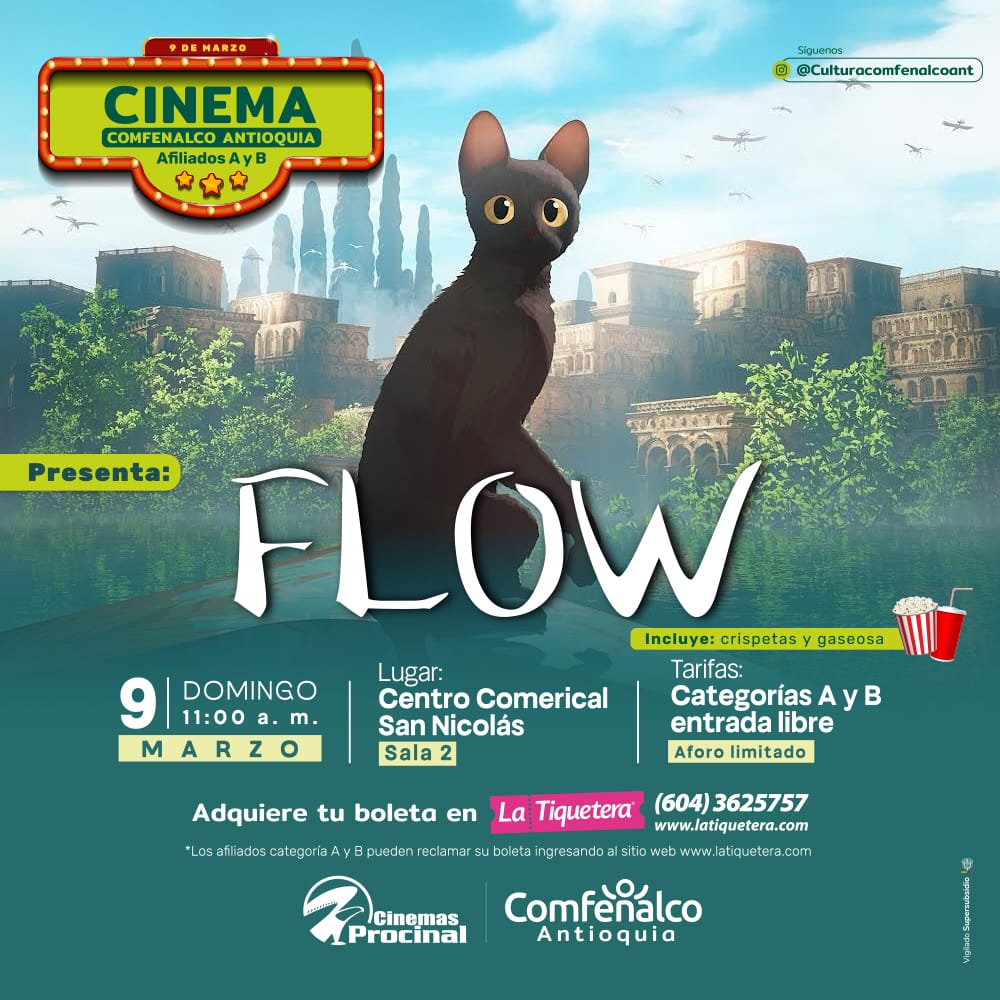 Cinema Comfenalco entregará boletas gratis a sus afiliados A y B para la película animada “Flow”.