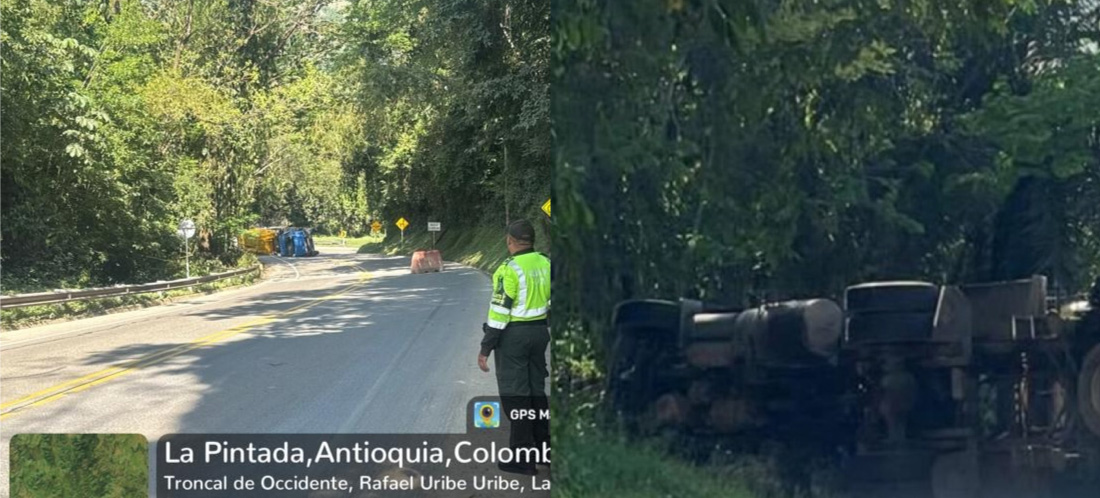 Camión cargado con gas natural se volcó en La Pintada. Hay cierre total de la vía