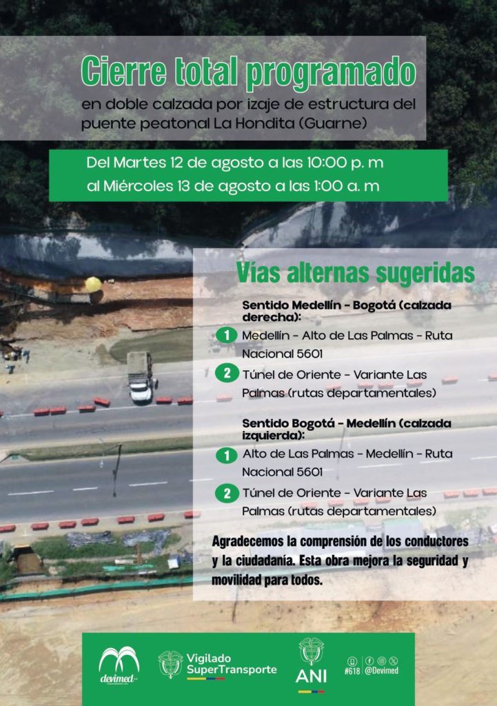 Cierre autopista puente peatonal La Hondita