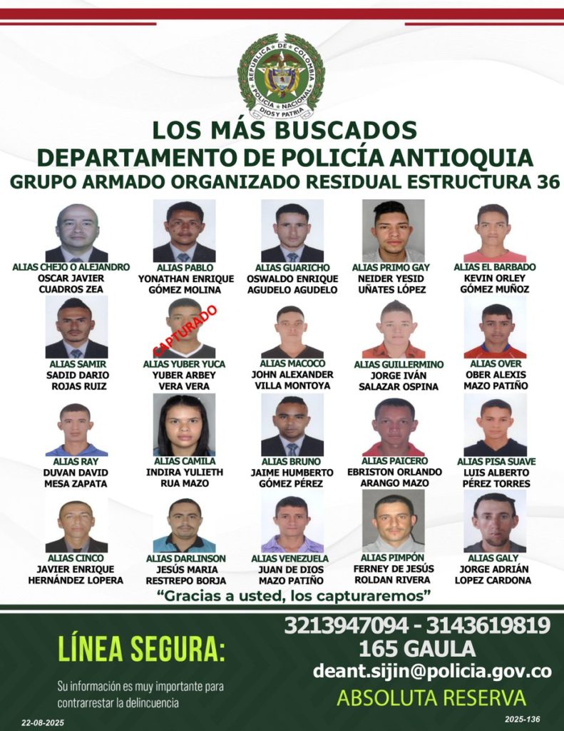 Cartel mas buscados Antioquia frente 36