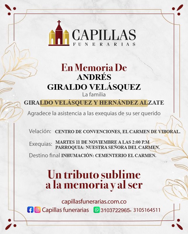 El Carmen de Viboral se prepara para despedir con emotivas exequias a Andres Giraldo Velasquez