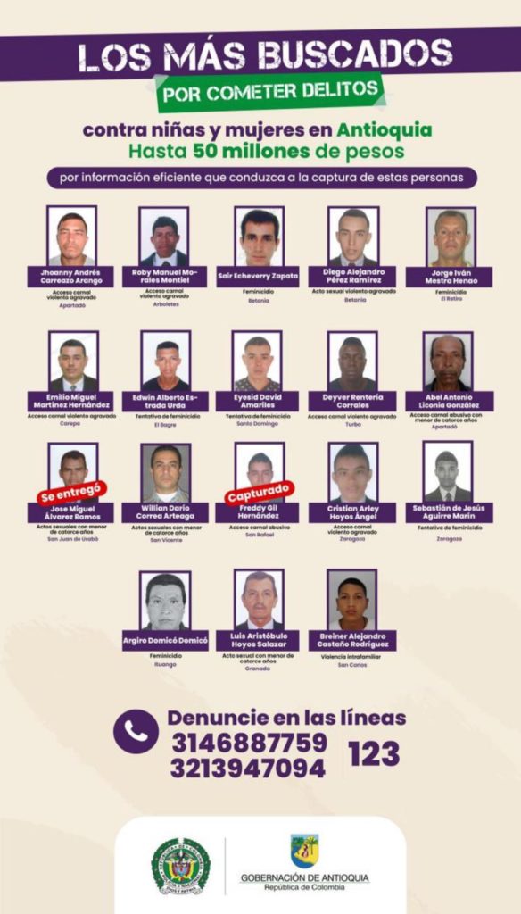 Mas buscados por delitos contra ninas y mujeres en Antioquia