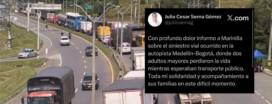 Dos peatones murieron tras ser atropellados por un conductor que dio positivo en prueba de alcoholemia en la autopista Medellín–Bogotá